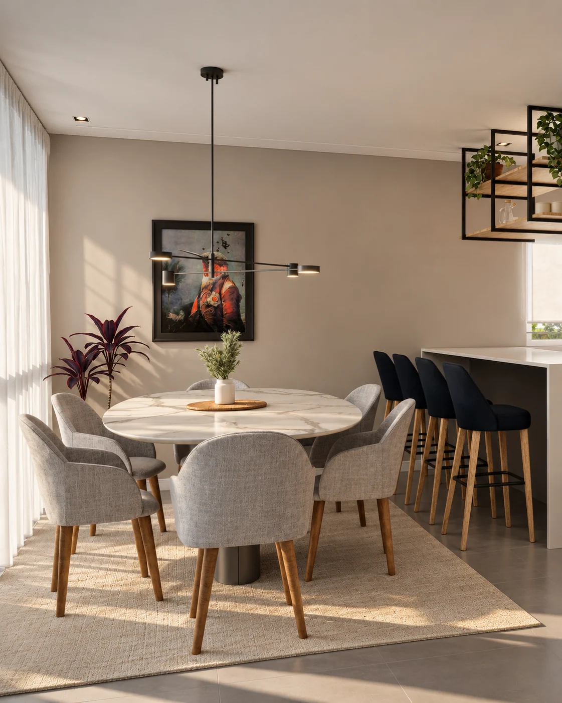 Sala de jantar integrada à Cozinha Coral, com mesa redonda clara, cadeiras estofadas, tapete de textura natural e bancada com banquetas azuis ao fundo.