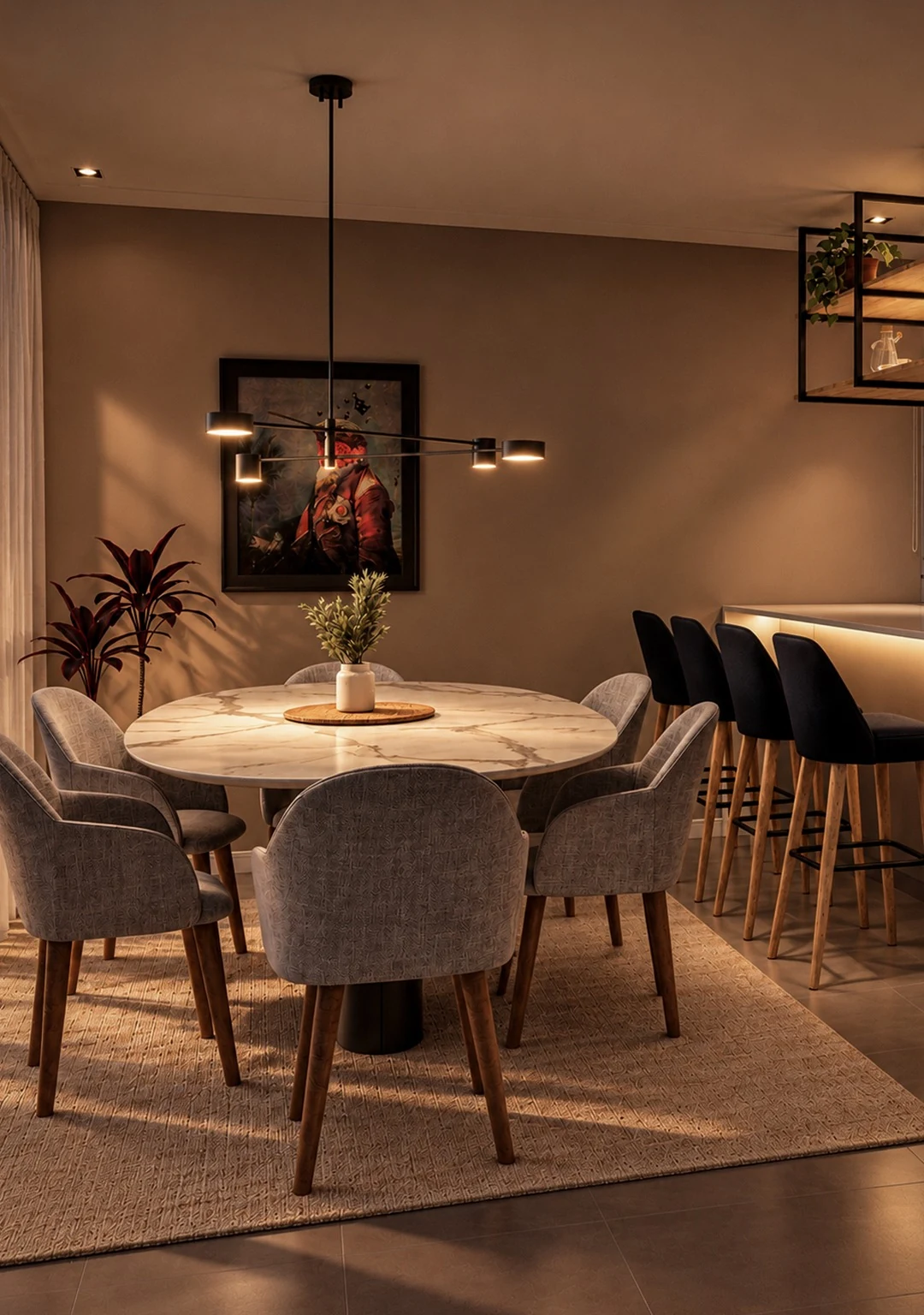 Vista noturna da sala de jantar integrada à Cozinha Coral, com mesa redonda, cadeiras estofadas e iluminação artificial suave sobre os ambientes.