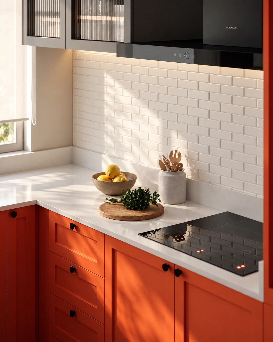 Detalhe da área de preparo da Cozinha Coral, com armários inferiores em marcenaria coral, bancada branca, cooktop preto e revestimento cerâmico branco.