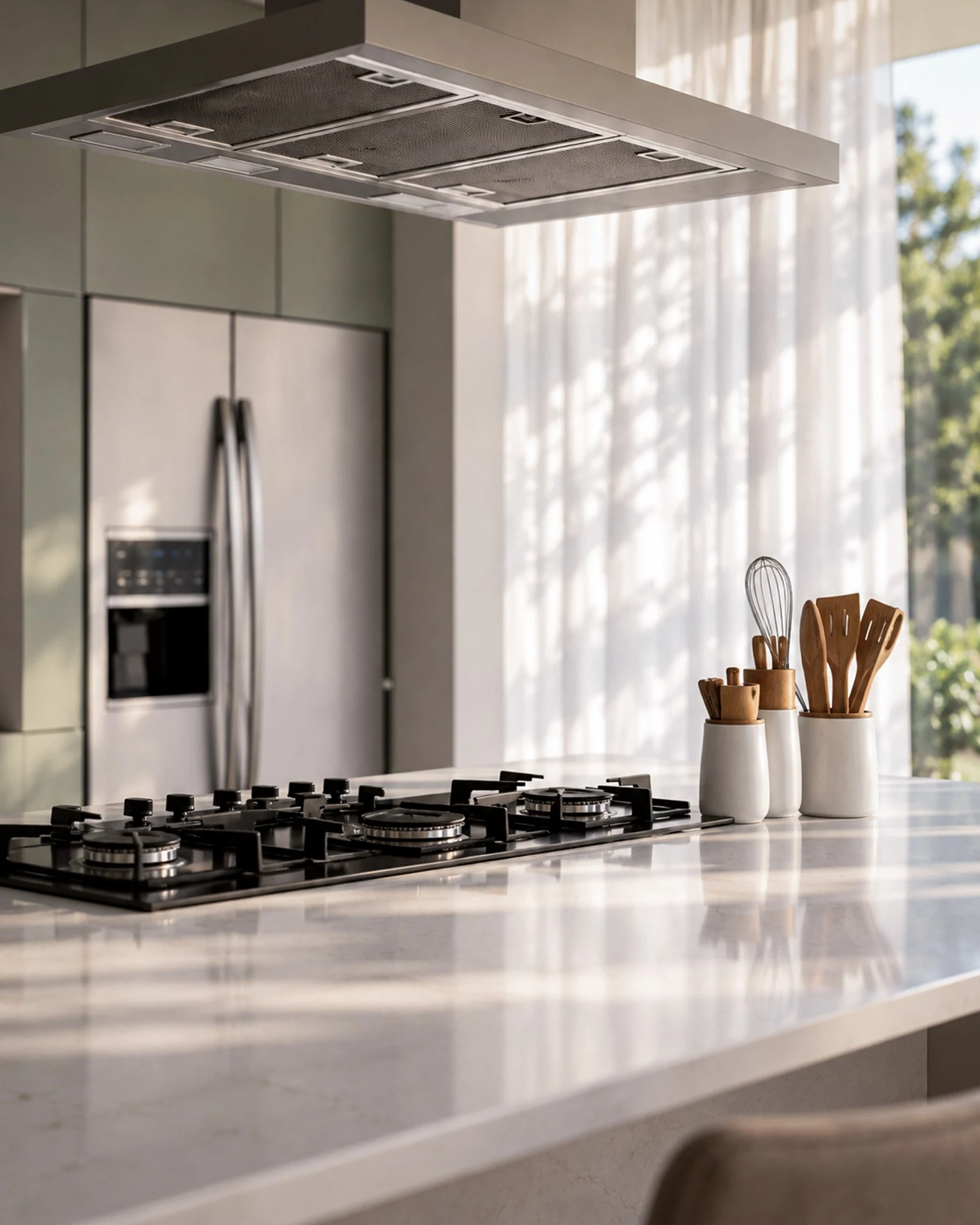 Detalhe da bancada em quartzo da Cozinha Arbo, com cooktop preto, coifa metálica suspensa, geladeira em inox e utensílios de cozinha próximos à janela.