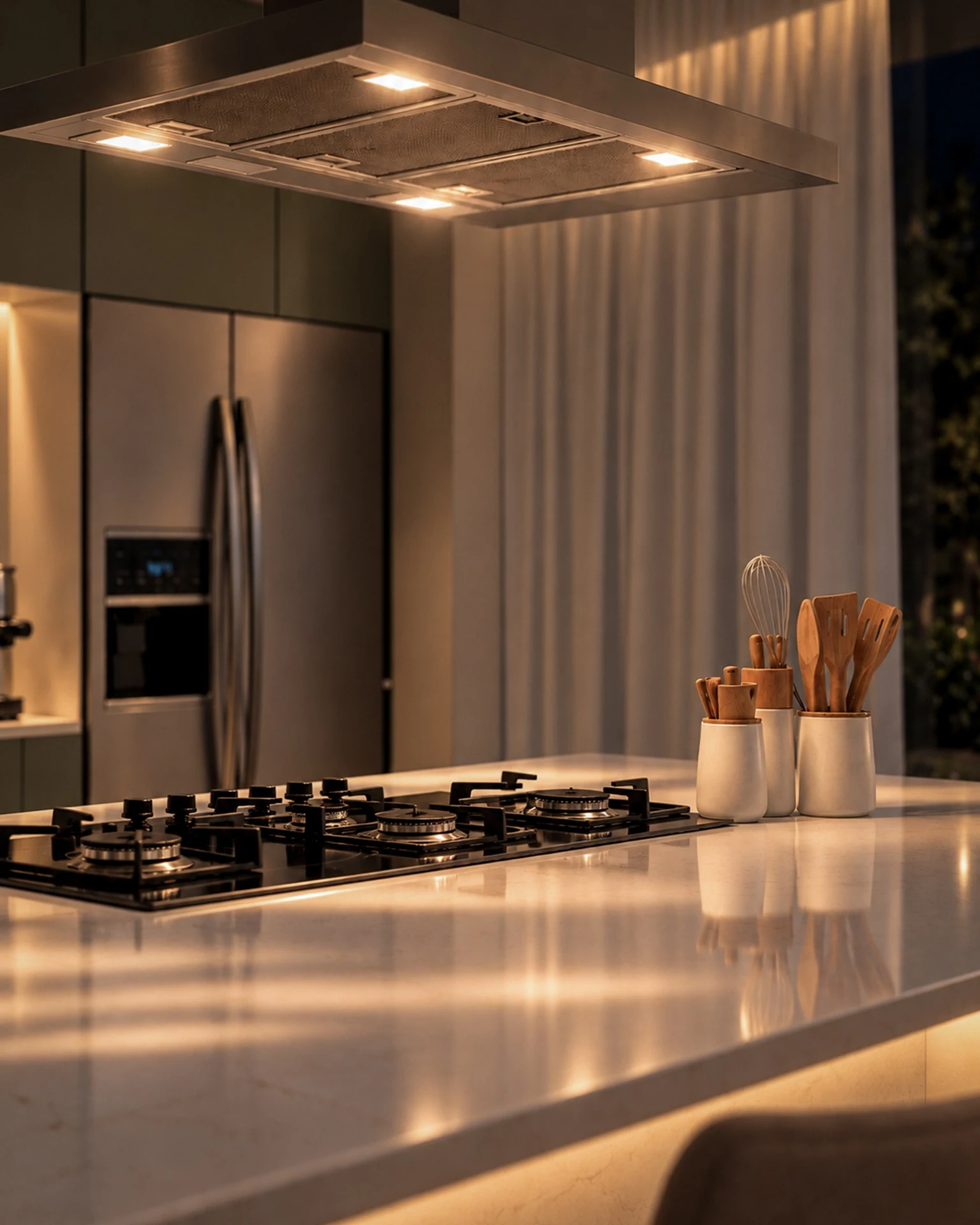 Detalhe noturno do cooktop preto e da coifa metálica da Cozinha Arbo, com iluminação embutida na coifa, bancada em quartzo e marcenaria verde-clara ao fundo.