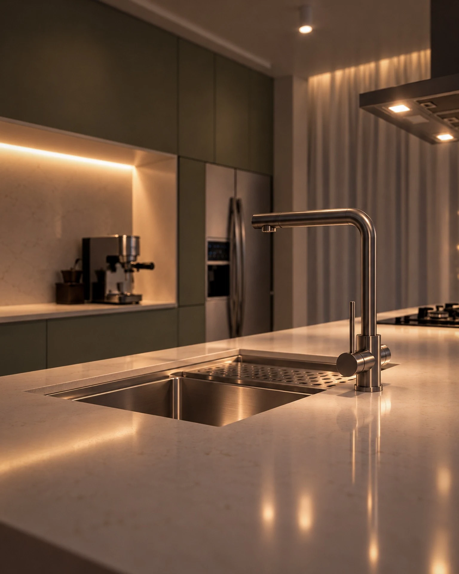 Detalhe noturno da ilha da Cozinha Arbo, com cuba de inox, torneira metálica curva, bancada em quartzo e iluminação indireta valorizando a marcenaria verde-clara.