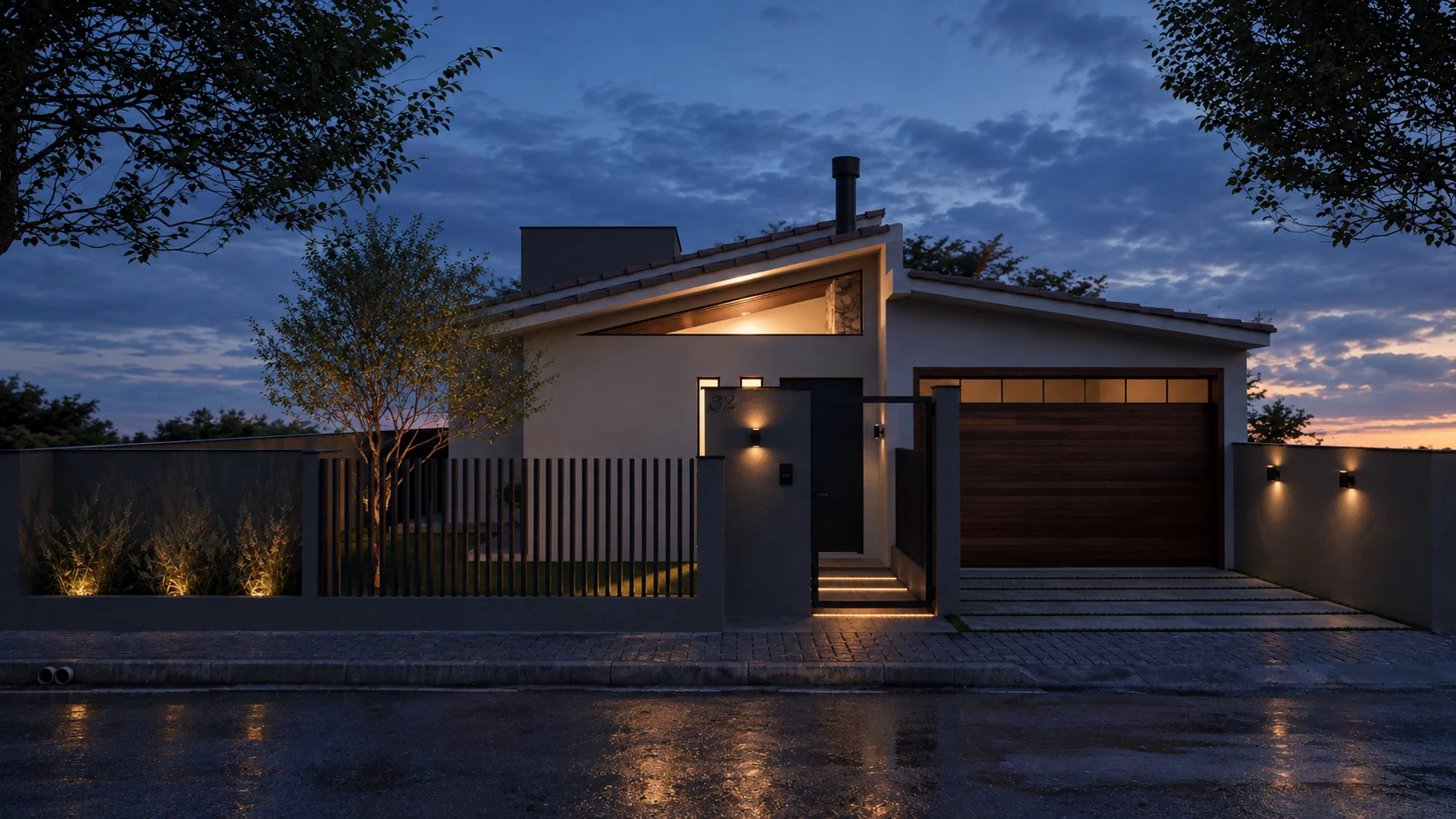 Fachada da Residência Encontro ao entardecer, com iluminação arquitetônica