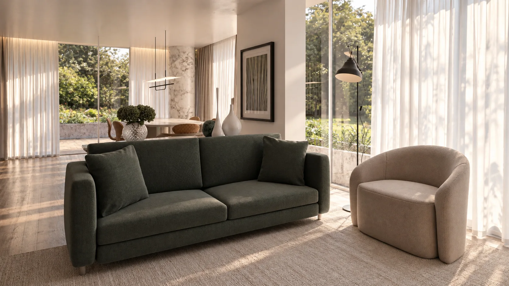 Projeto Entrelaço: sala de estar integrada à sala de jantar, com luz natural e vista para o jardim