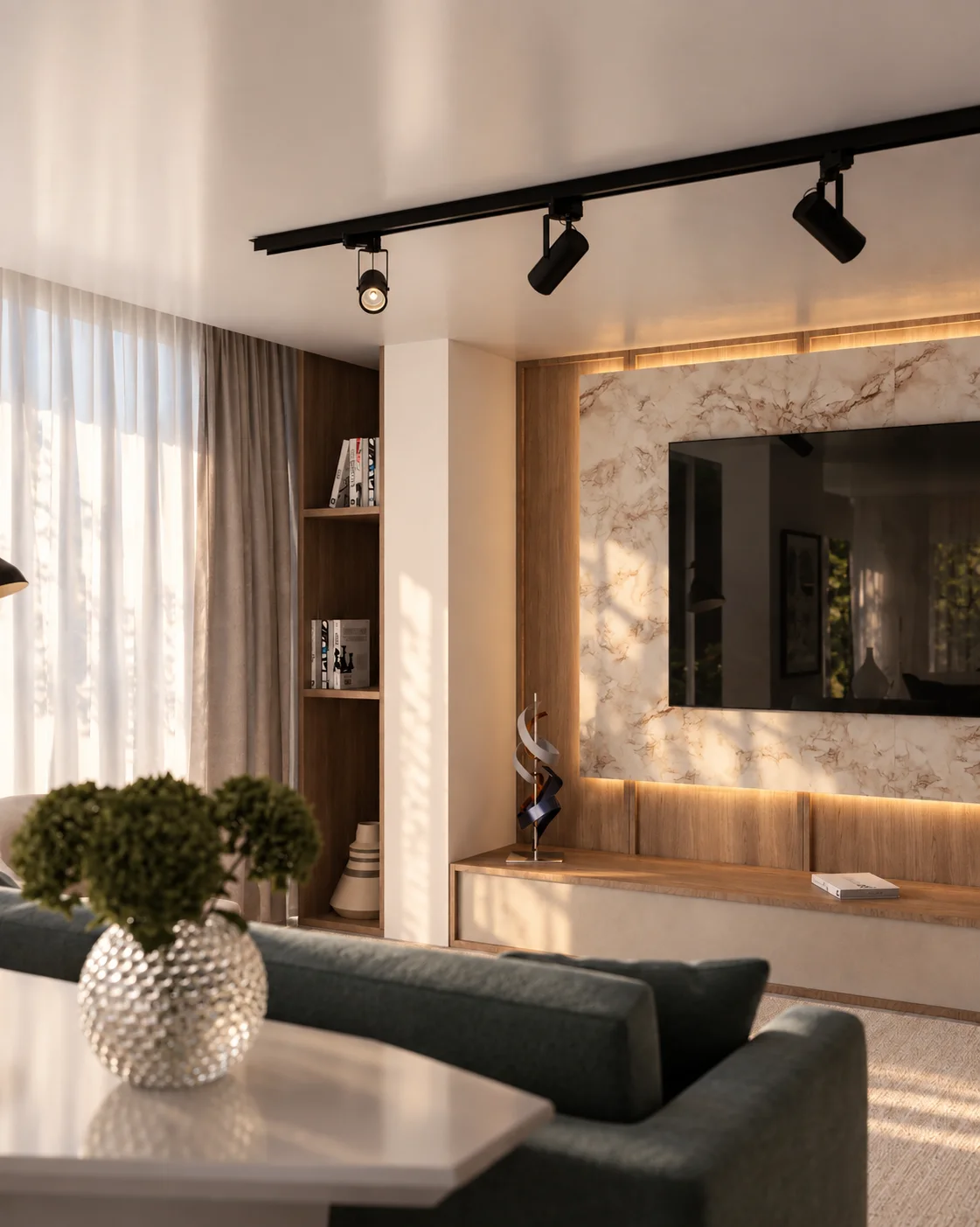 Perspectiva da sala de estar Entrelaço, com painel de televisão revestido em mármore Matarazzo, iluminação indireta e marcenaria em madeira natural.