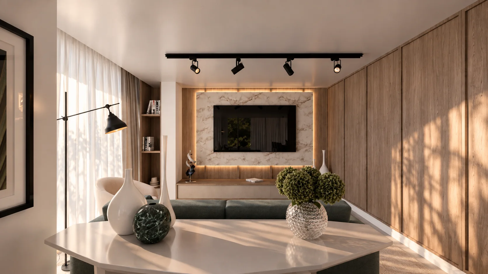 Vista ampla da sala de estar Entrelaço, com painel de televisão em mármore Matarazzo, parede de marcenaria amadeirada e iluminação natural atravessando o ambiente.