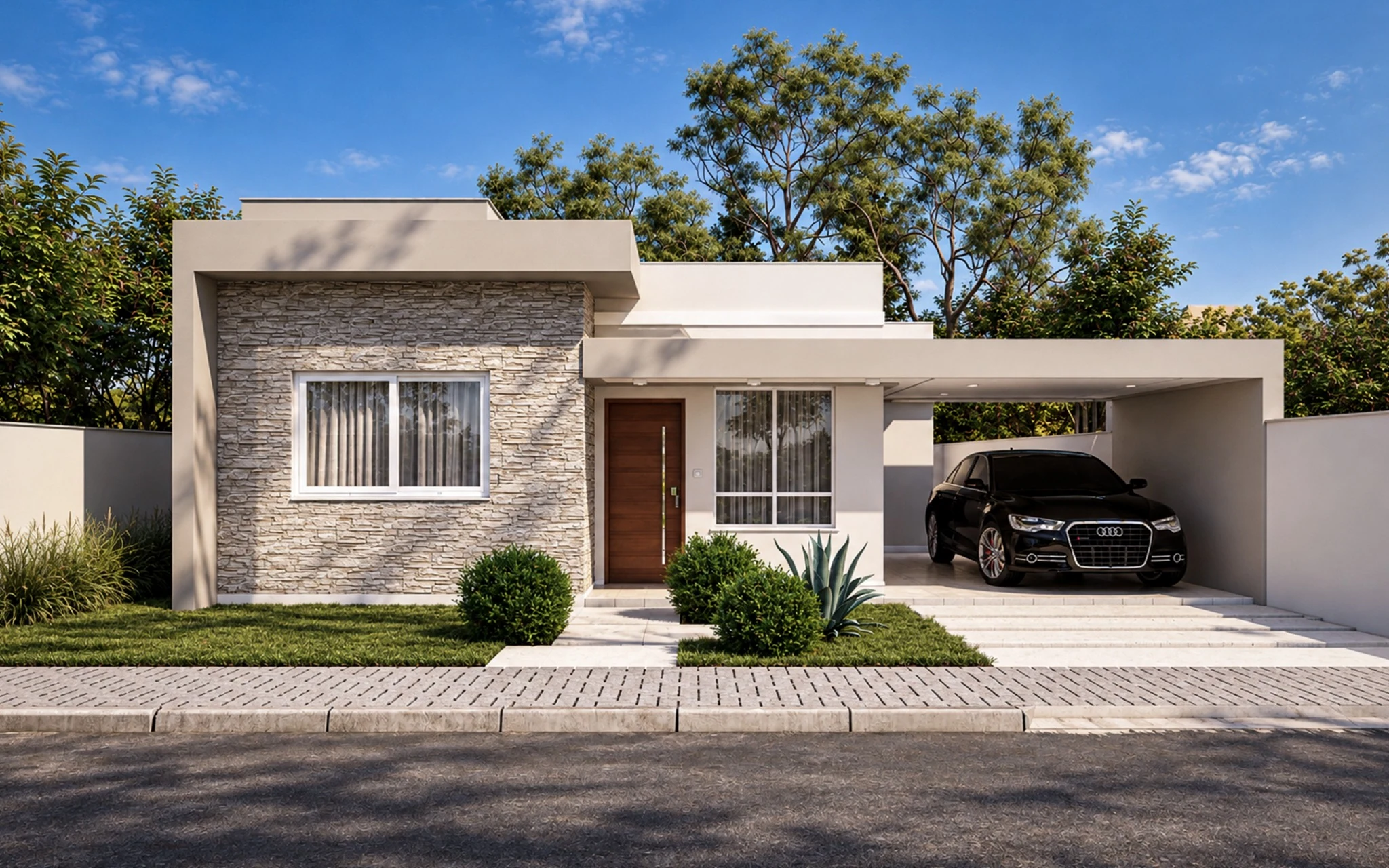 Fachada frontal da Residência Essencial com volumes retos e paisagismo