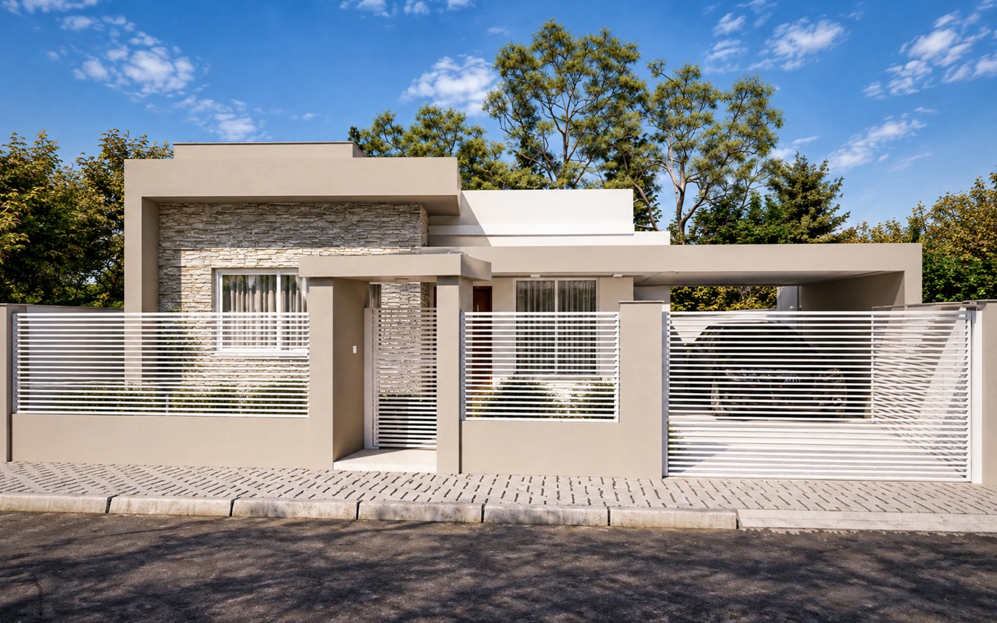 Vista frontal da residência Essencial com muro baixo, gradil metálico horizontal branco, portão de garagem e volumes revestidos em pedra natural.