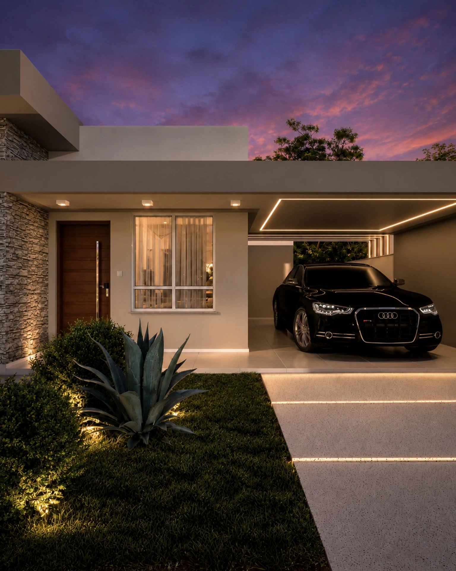 Vista noturna da residência Essencial, com iluminação embutida na garagem, linhas de luz no piso de acesso, jardim iluminado e céu ao entardecer.
