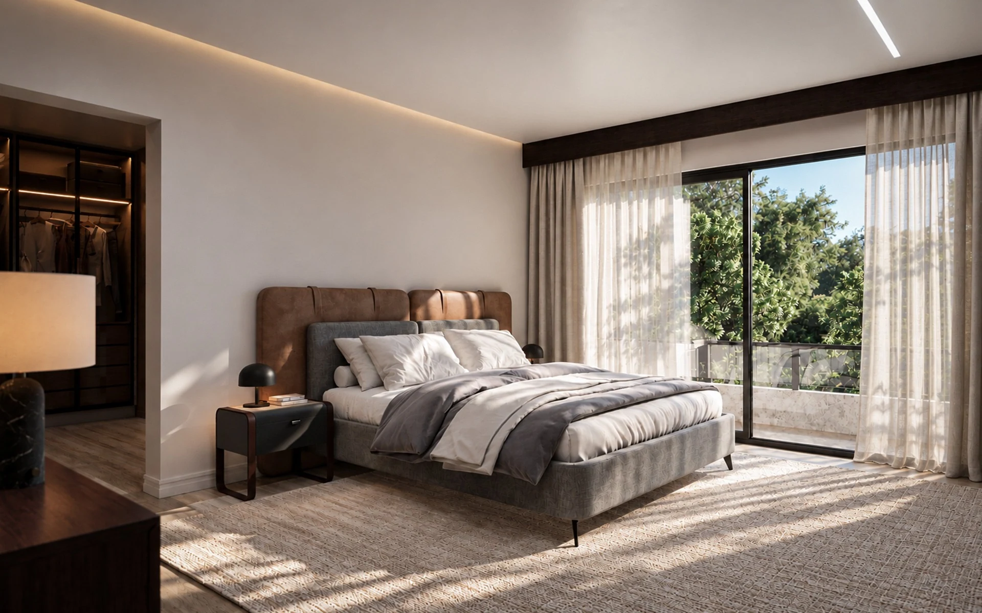 Vista geral da Suíte Refúgio com cama, closet e abertura externa